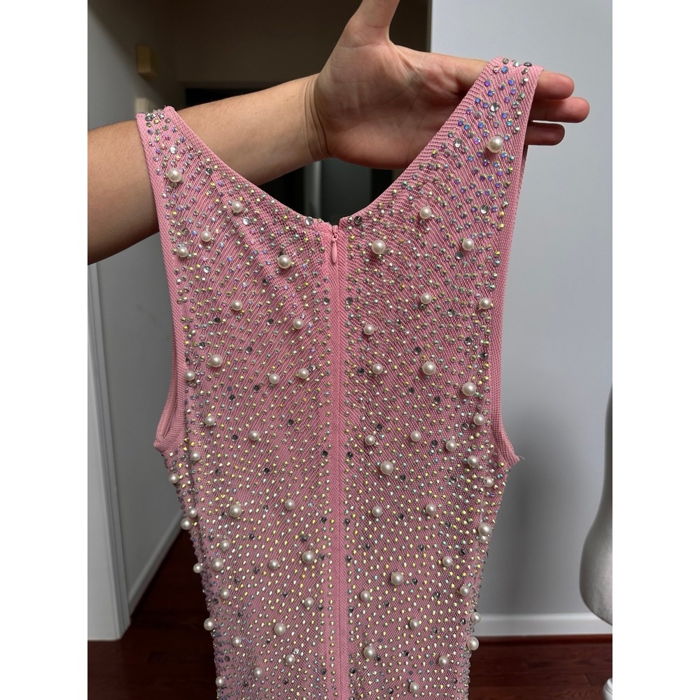 Nova Luxe Diana Pink V Neck Beaded Luxury Sexy Embellished Gown Dress Sheer - Picture 9 of 12